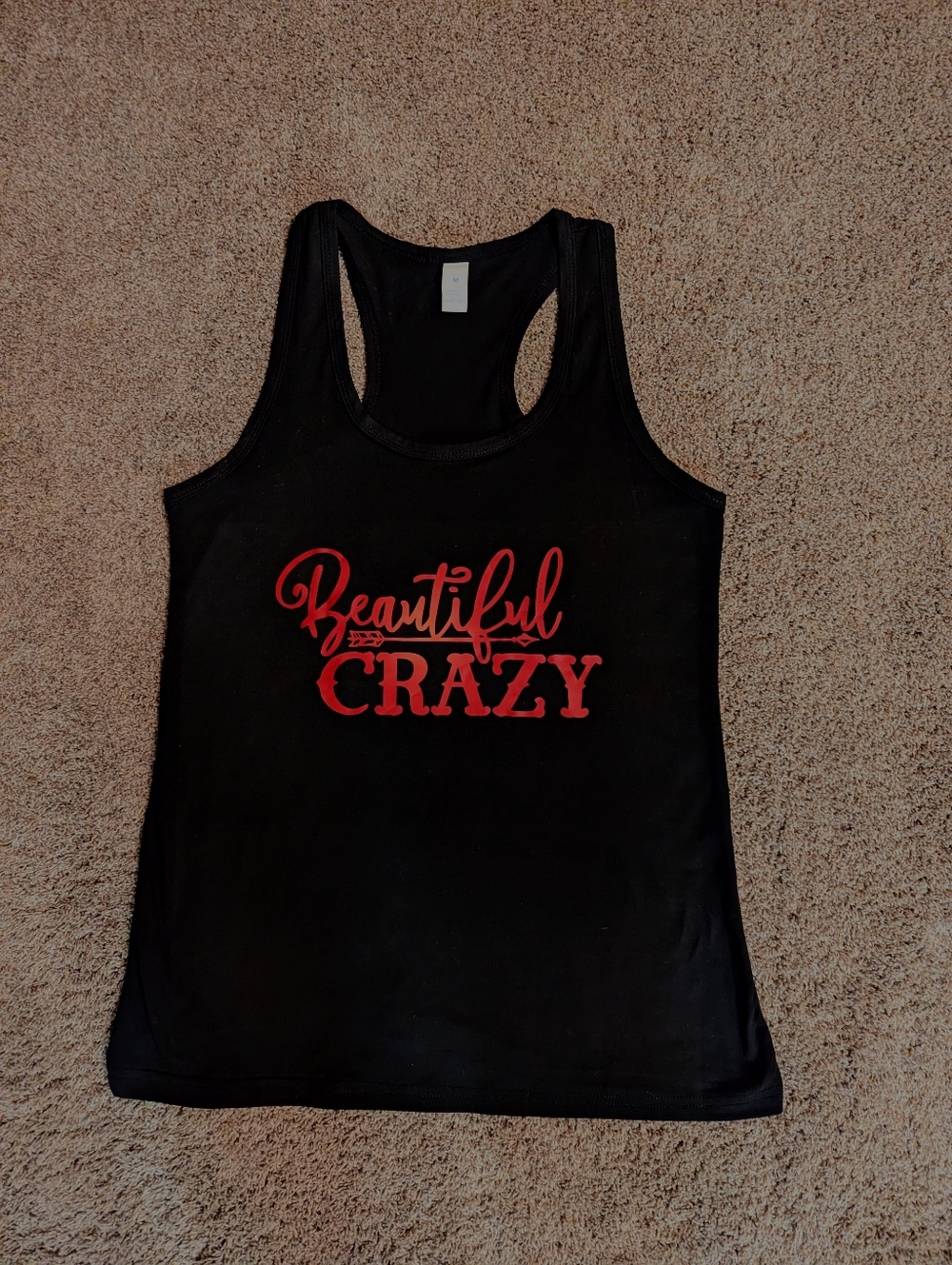 Beautiful Crazy Women’s Black Tank Top with Red Script Size medium